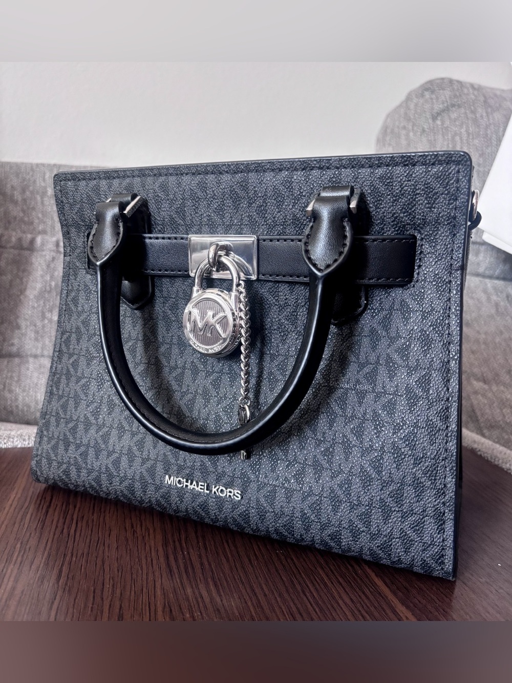 Michael Kors Black and Dark Grey MK Logo Satchel with Silver Key & Locket
